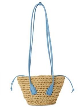 Bottega Veneta Raffia Arco Crochet/Straw Tote with Light Blue Trim